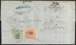 1874. BADAJOZ A LISBOA. 2 CTS. NARANJA ED. 131 Y 10 CTS. VERDE ED. 133. BONITA Y RARA TARIFA. CARTA COMPLETA. - Cartas & Documentos