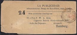 1882 Ca. BARCELONA A HAMBURGO. 15 CTS. ED. 210 BISECTADO. FAJA DE PERIÓDICO. MAGNÍFICO Y RARO. - Covers & Documents