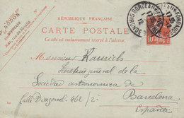 France Postal Stationery Ganzsache Entier Semeuse (122) Dr. NODON, BORDEAUX FONDAUDEGE 1912 BARCELONA Spain (2 Scans) - Standard Covers & Stamped On Demand (before 1995)