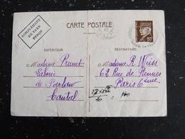 PARLAN - CANTAL - CACHET ROND MANUEL PERLE SUR ENTIER POSTAL PETAIN YT 512-CP3 - Bijgewerkte Postkaarten  (voor 1995)