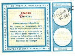 Coupon-réponse France Modèle Vienne - 1 Franc Corrigé 1,10 - Griffe St-Cloud Ppal 92-064 - IRC IAS CRI - Antwoordbons