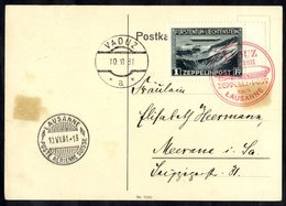 1931 Lausanne Flight - Liechtenstein Acceptance Card To Meerane, Franked 1fr Zeppelin, Tied Red Illustrated Vaduz Flight - Sonstige & Ohne Zuordnung