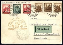 1932 Third South America Flight Card To Recife, Franked Three 50pf 1931 Nothilfe + Later 1932 Surcharged Pair Cancelled  - Sonstige & Ohne Zuordnung