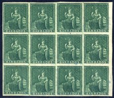 1852 (Apr) - 1855 No Wmk Imperf On Blued Paper (½d) Deep Green Block Of Twelve (4x3) Large Part O.g With Centre Row UM,  - Other & Unclassified