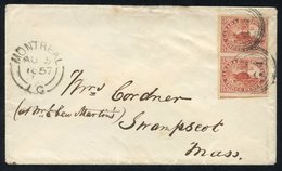 1857 Aug 5th Envelope From Montreal To USA, Franked 3d Red 'Beaver' (SG.18) Vertical Pair With Good To Large Margins & S - Autres & Non Classés