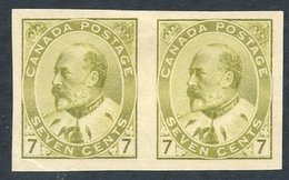 1903 KEVII 7c Yellow-olive Imperforate Pair, Without Gum As Issued, Fresh With Large Margins. Scott 92a, SG.180 Variety. - Autres & Non Classés