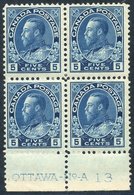 1911-22 Admiral 5c Grey Blue Lower Marginal M Block Of Four (2x UM) Showing Inscription 'OTTAWA - No - A 13' In Margin.  - Autres & Non Classés