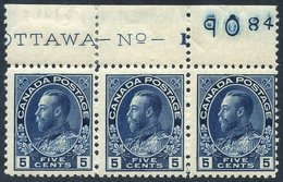 1911-22 Admiral 5c Indigo Top Marginal Strip Of Three UM Showing Inscription 'OTTAWA - No - 1' In Margin. SG.206, Scott  - Autres & Non Classés