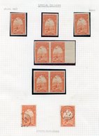 SPECIAL DELIVERY 1927 20c Orange Range On Two Album Leaves Comprising Singles M (3), VFU Singles (2), Marginal Unused Pl - Autres & Non Classés