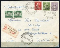 1931 Registered Envelope To Zurich, Franked Pair 30c Pasteur + Sinking Fund Surcharge Set, Cancelled Strasbourg Quai Di  - Autres & Non Classés