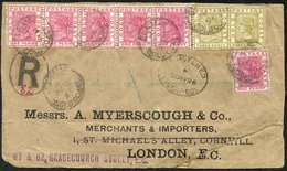 1896 (2 May) 'Myerscough' Quadruple Rate Envelope Reg To London, Bearing 1884-91 1d Rose-carmine Strip Of Five & Single  - Autres & Non Classés