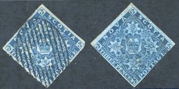 1851-60 3d Bright Blue Clear To Good Margins FU With Oval Grill SG.3, Another Close To Large Margins FU, Creased. (2) Ca - Autres & Non Classés