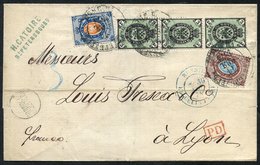 1874 Outer Letter Sheet From St. Petersburg To Lyon Bearing 1866-75 Arms Horizontally Laid Paper, 3k Strip Of Three, 10k - Sonstige & Ohne Zuordnung