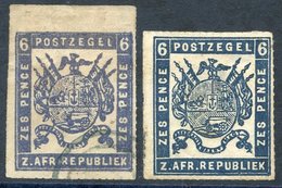 1870 Viljoen Medium Paper 6d Ultramarine, Rouletted Top Marginal U Plus Another Example U But Creased. SG.19. (2) Cat. £ - Autres & Non Classés