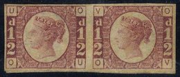 1870 ½d Rose Red Pl.1 Imperf Pair Lett OU/OV, Unused Small Traces Gum, SG49a, Rare. Cat. £9000 - Autres & Non Classés