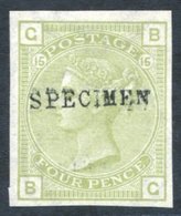 1873-80 4d Sage Green Pl.15, Fine Unused Imperf Example, Optd SPECIMEN Type 4, Spec J64s, SG.153, Cat. £525. - Andere & Zonder Classificatie