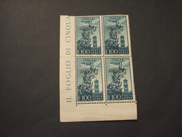 TRIESTE ZONA A - P.A. 1949/52 AEREO L. 100, Ruota 3a, IN QUARTINA/BLOCK OF FOUR - NUOVI(++) - Poste Aérienne