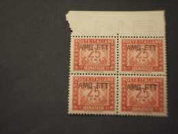 TRIESTE ZONA A - TASSE - 1949/54 CIFRA L. 25, IN QUARTINA/BLOCK OF FOUR - NUOVI(++) - Postage Due