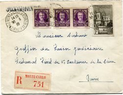 MONACO LETTRE RECOMMANDEE DEPART MONTE CARLO 30-3-39 PRINCIPAUTE DE MONACO POUR LA FRANCE - Storia Postale