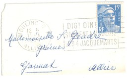 MOULINS RP Allier Carte De Visite Mignonette 15 F Gandon Bleu Yv 886 Ob Meca Secap 1954 Jacquemarts - Covers & Documents