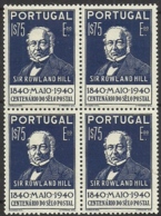 Portugal 1940 Postal Stamp Centenary  Sir Rowland Hill - 1º Centenário Do Selo Postal Block Of 4 MNH - Rowland Hill