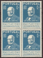 Portugal 1940 Postal Stamp Centenary  Sir Rowland Hill - 1º Centenário Do Selo Postal Block Of 4 MNH - Rowland Hill