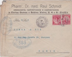 Lettre Brazil, Ouvert Par L'autorité Militaire 363, Controle Postal, Cachet Praca Castra Alves (Bahia)1916+ 4a Seco Manh - Lettres & Documents