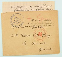 Lettre 1ere Guerre Mondiale Croix-Rouge Du Nord --> Le Bouscat, Contreseing Franchise Postale + Note Info. Manuscrite - Rode Kruis