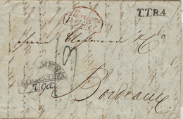 1832- Lettre De BREMEN  Pour Bordeaux -  T.T.R.4 Noir +entrée ALLEMAGNE / P. Givet  Encadré Rouge - Marques D'entrées