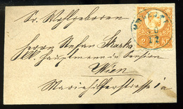VELEJTE 1872. Szép 2Kr-os Levélke , Igen Ritka Kék Bélyegzéssel Bécsbe Küldve (G:800P) - Used Stamps