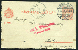 MÁRAMAROSSZIGET 1916. I.VH  Díjjegyes Levlap, Czernowitz-i Cenzúra Bélyegzéssel Mádra Küldve  /  WW I Stationery P.card  - Gebruikt