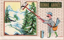 CARTE BONNE ANNEE - Colleur D'Affiche - Paysage De Neige Et Sapins - Illustrateur ? R. Grand . - Neujahr