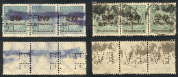 GERMANY: 2 Used Strips Of 3 Of INFLA Stamps (different Colors) With Interesting "E.F." And "E.V." Perfins, VF!" - Colecciones