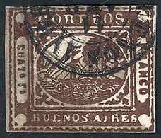 ARGENTINA: GJ.9A, 4 Reales CHOCOLATE, Defective And Repaired, Nice Front, Catalog Value US$350 - Buenos Aires (1858-1864)