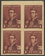 ARGENTINA: GJ.148P, 1892 1P. San Martín IMPERFORATE BLOCK OF 4, Issued Without Gum, VF Quality! - Otros & Sin Clasificación