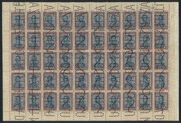 ARGENTINA: GJ.454o, 1917 San Martín 10P. With Honeycomb Watermark, COMPLETE SHEET OF 50, Perforated Cancel, Excellent Qu - Other & Unclassified