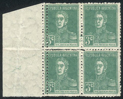 ARGENTINA: GJ.597, 1924 3c. San Martín W/o Period, Block Of 4 With Variety: DOUBLE PERFORATION In The Left Stamps, MNH ( - Sonstige & Ohne Zuordnung