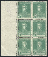 ARGENTINA: GJ.597, 1924 3c. San Martín W/o Period, Block Of 6 With Variety: DOUBLE PERFORATION In The Left Stamps, MNH,  - Andere & Zonder Classificatie