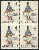 ARGENTINA: GJ.1279, 1964 Soldier, Block Of 4 With VARIETY: Gray Color Shifted To The Right (like A Ghost), VF Quality! - Otros & Sin Clasificación