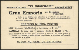 ARGENTINA: Old Card With Advertising On Reverse: "El Comercio", Sarmiento 440, Gran Emporio Del Bloquista Turinés, Circa - Argentina
