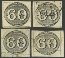 BRAZIL: Sc.2, 1843 60r., 4 Handsome Examples, Varied Printings And Cancels, Interesting Lot For The Specialist! - Autres & Non Classés