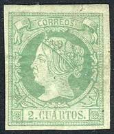 SPAIN: Yv.47 (Sc.49), 1860/1 2c. Green On Greenish Paper, Mint With Part Original Gum (with Adherences On Back, Old Hing - Other & Unclassified