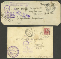 SPAIN: 2 Cover Fronts Sent To Argentina In 1933, Both With Interesting Pro-Franco Marks And Censored, Attractive! - Otros & Sin Clasificación