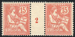 FRANCE: Yvert 125, 1902 15c. Vermilion, Pair With Gutter Numbered "2", MNH, VF. The Catalog Value Of 2 MNH Stamps Is Eur - Other & Unclassified