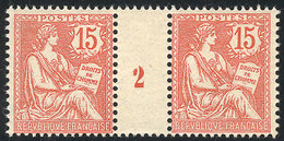 FRANCE: Yvert 125, 1902 15c. Vermilion, Pair With Gutter Numbered "2", MNH, VF. The Catalog Value Of 2 MNH Stamps Is Eur - Andere & Zonder Classificatie