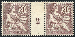 FRANCE: Yvert 126, 1902 20c. Chestnut-violet, Pair With Gutter Numbered "2", Mint Without Gum, VF. The Catalog Value Of  - Sonstige & Ohne Zuordnung