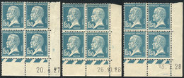 FRANCE: Yvert 181, 1923 Pasteur 1.50Fr., 3 Corner Blocks Of 4 With Date, MNH, With Small Hinge Mark In The Sheet Margin  - Other & Unclassified