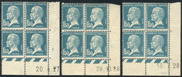 FRANCE: Yvert 181, 1923 Pasteur 1.50Fr., 3 Corner Blocks Of 4 With Date, MNH, With Small Hinge Mark In The Sheet Margin  - Autres & Non Classés