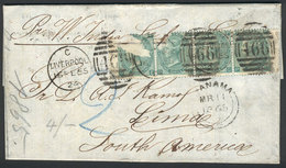 GREAT BRITAIN: Entire Letter Sent From Liverpool To Lima On 16/FE/1865 Franked With Strip Of 4 Of Sc.48 (2 Stamps Torn)  - Other & Unclassified