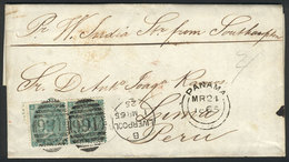 GREAT BRITAIN: Entire Letter Sent From Liverpool To Lima On 1/MAR/1865 Franked With Pair Sc.48 And Duplex Cancel "466",  - Andere & Zonder Classificatie